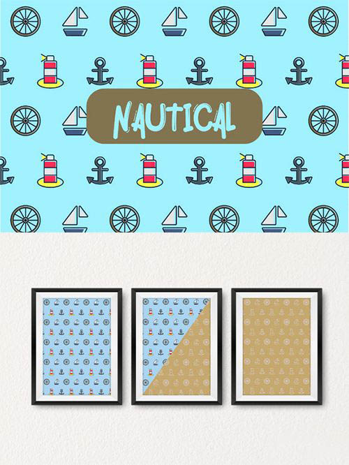 A2728矢量扁平化海洋帆船轮船四方连续纹样图标ICONS AI设计素材