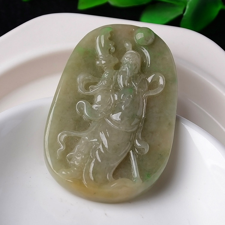 包邮缅甸玉石翡翠厚装精工双色黄加绿关公玉牌保真A货挂件送证书