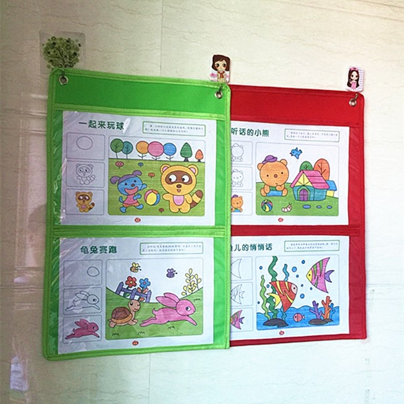 2格A4幼儿园美术作品挂袋绘画画透明展示收纳袋图书课本门墙挂袋