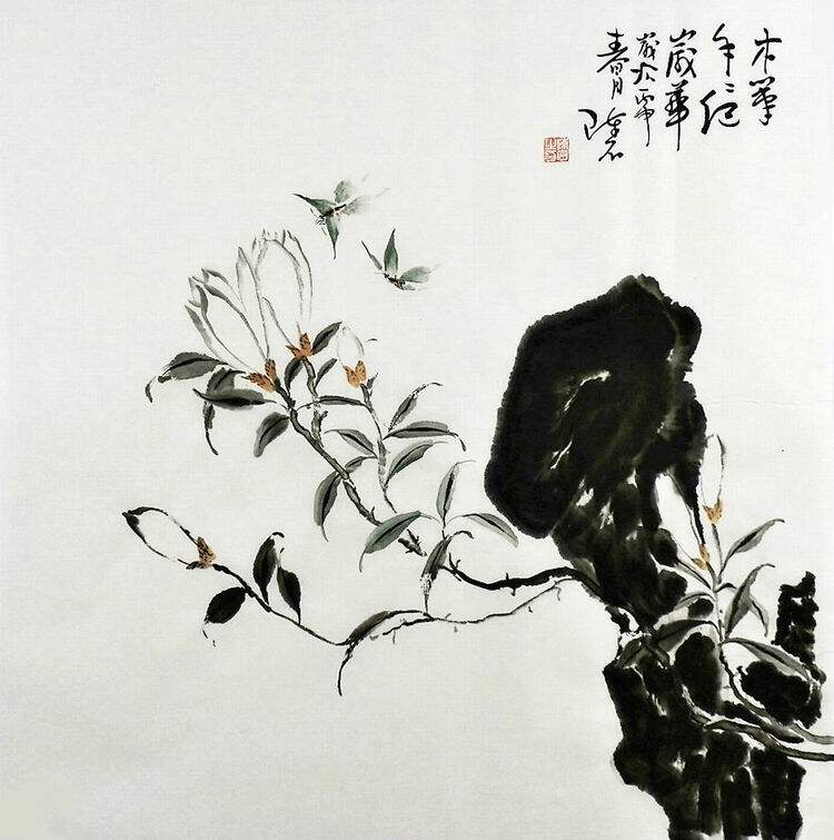 手绘办公室客厅玄关字画促销F032441陈石四尺斗方国画花鸟画玉兰