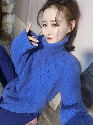 调调家欧货欧洲站2018秋季高翻领大袖口宽松大码长袖毛衣针织衫女