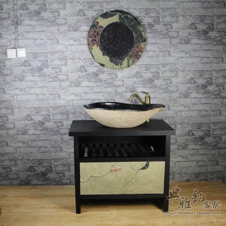 包邮中式仿古风落地洗手浴室柜