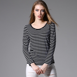 女装 大码 针织t 女T恤莫代尔圆领宽松显瘦打底衫 2020秋欧美条纹长袖