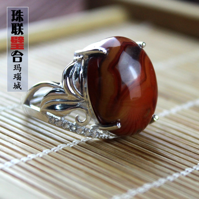 阜新玛瑙战国红镶钻925纯银男女士精品可调解戒指手环饰品