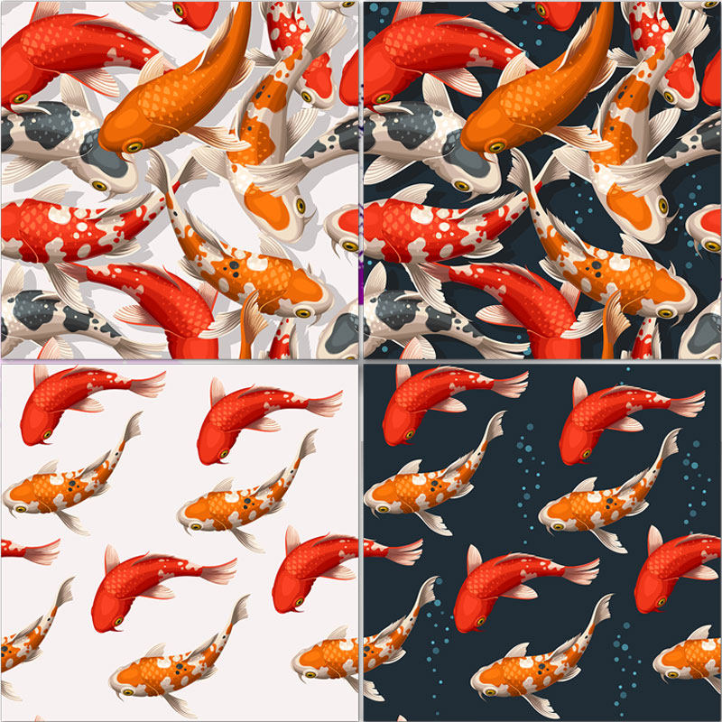 日式红色鲤鱼动物鱼类荷花荷叶图案背景矢量设计素材 15eps格式