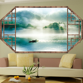 古典八角假窗户厚磨砂自粘贴纸大古城风景客厅墙贴宾馆茶楼装 饰画