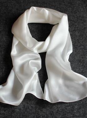 丝咖夫可定制 缎面天然真丝素绉缎白色方巾长方巾丝巾披肩围巾