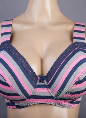 N215舒适棉质大罩杯文胸甜美条纹蕾丝边外贸大码内衣75-105BCDF杯
