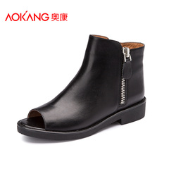 Aokang shoes spring/summer with soft surface in the new Europe and the casual women's boots leather side zipper short tube open toe women's boots