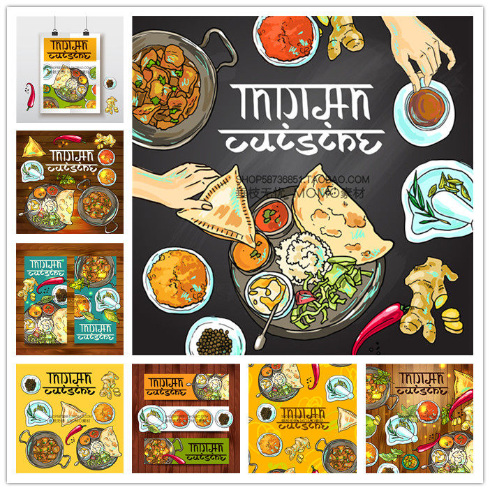 a3084矢量插画手绘风格印度食物美食海报菜单图案 ai设计素材
