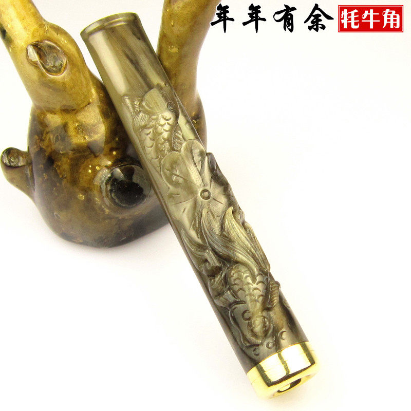 正品牦牛角烟嘴雕刻鲤鱼 循环型双重过滤拉杆可清洗香菸烟具礼品