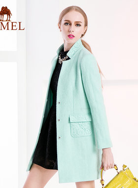 【非卖品】camel 骆驼女装2015中长款毛呢大衣 蕾丝拼接立领羊正