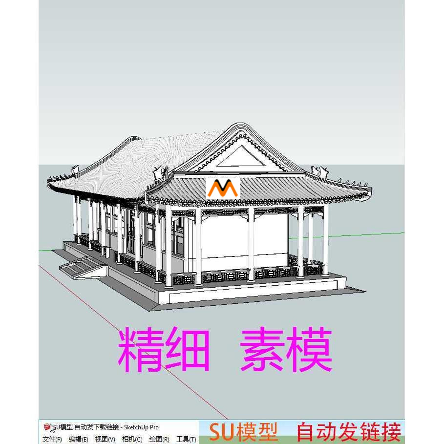 H422公园五开间单檐歇山顶卷棚古建筑仿古休闲茶室商品店SU模型图