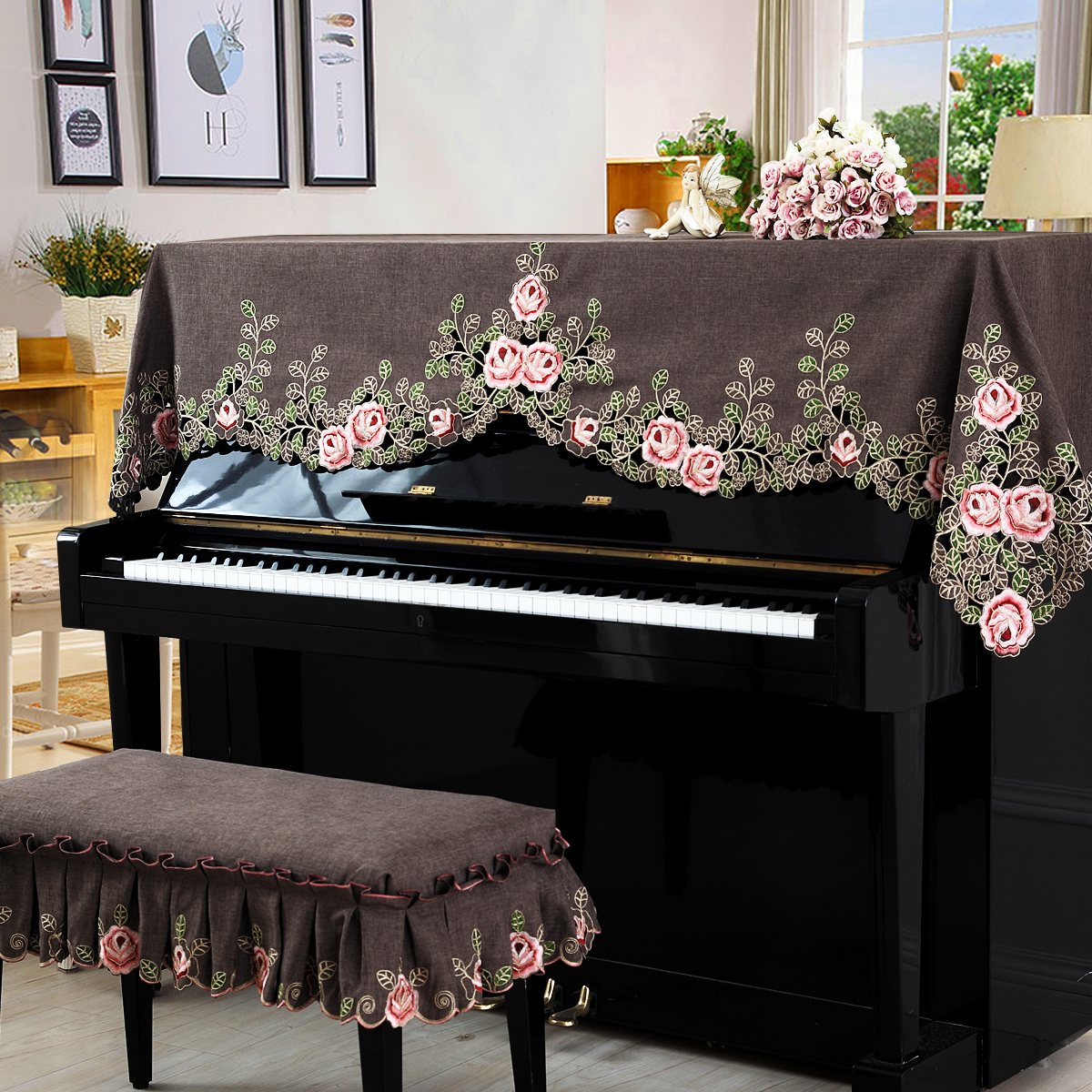 刺绣钢琴巾盖巾欧式 钢琴罩半罩全罩布艺蕾丝 现代简约通用琴巾