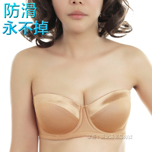 防滑无肩带文胸大码大胸显小有钢圈薄款婚纱照专用d杯e杯内衣女