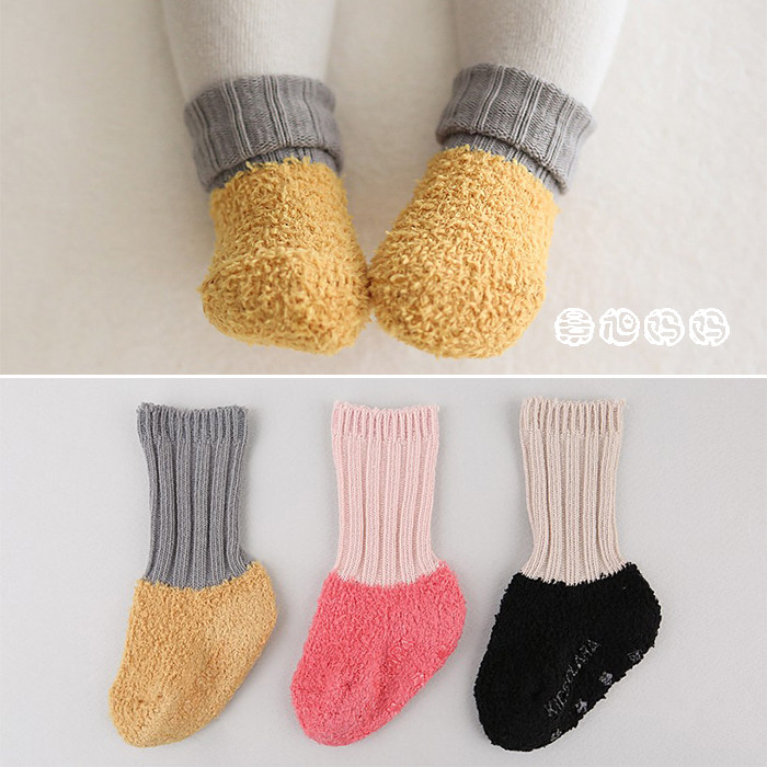 韩国进口珊瑚绒婴儿童袜子男女宝宝防滑松口短袜加厚保暖睡眠袜冬