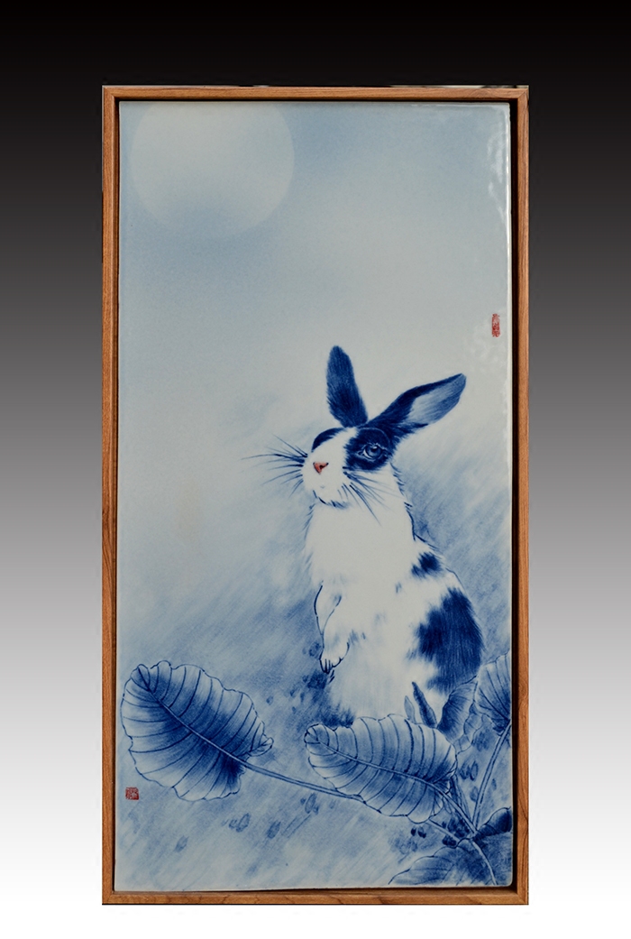 吴祖球作品景德镇手绘陶瓷装饰画瓷板画客厅书房挂画青花动物兔子