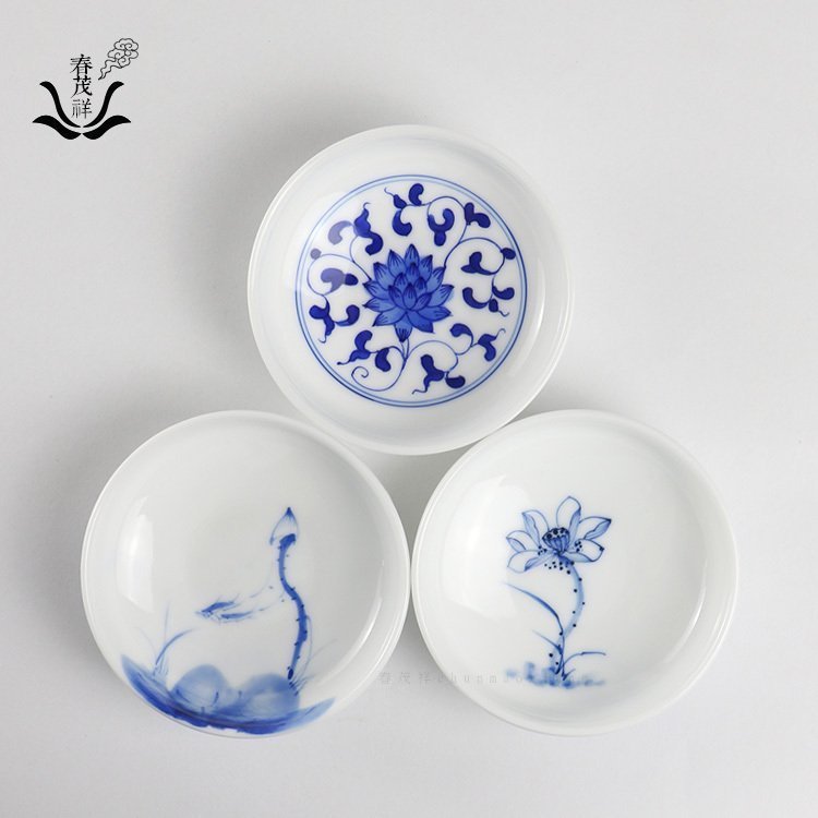 春茂祥茶具景德镇青花瓷手工茶杯手绘荷花缠枝莲纹内画陶瓷品茗杯