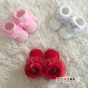 婴儿红色袜子 新生儿白色花边袜 女宝宝粉红色短袜满月百天蕾丝袜