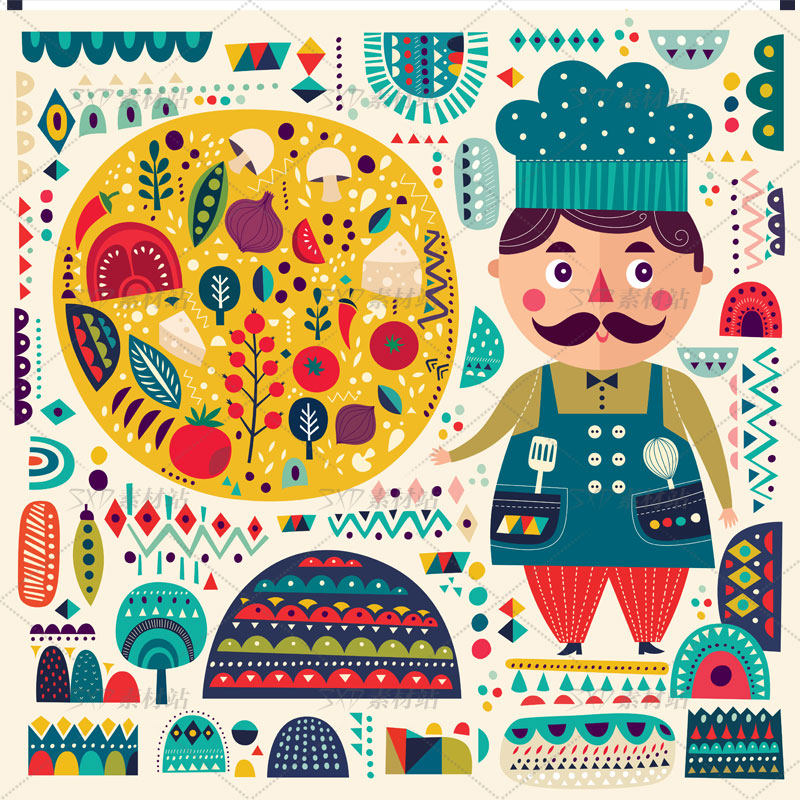 扁平卡通角色披萨烹饪制作料理厨师矢量图设计素材