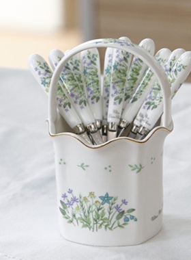 韩国代购*SMF清新绿色花草 陶瓷咖啡勺叉套装