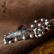 Thailand silver bracelet 925 Thai hand-woven yarn fish silver bead flower jewelry vintage silver female 017