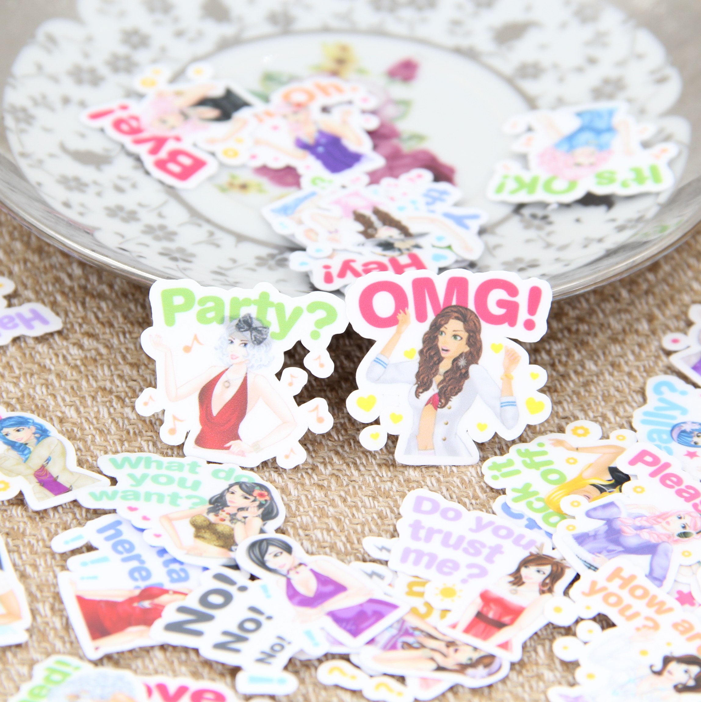 漂亮女孩英文情境表情自制贴纸包 line人物手账装饰贴纸