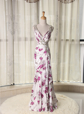 洛森D022紫色印花长款鱼尾裙 漏背手工钉珠宴会主持年会外贸 钉珠