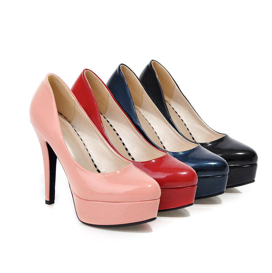 韩版高跟鞋浅口细跟漆皮圆头防水台超高跟单鞋大码40-43码高跟鞋