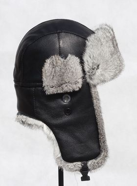 VISON 东北雷锋帽真皮兔毛皮草棉帽子男女滑雪帽护耳帽冬帽韩版潮