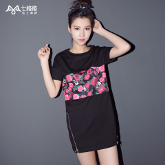 Seven rattles OTHERMIX2015 new ^@^ stitching loose silhouette flower printing short sleeve dress