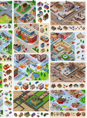 A0148矢量AI设计素材 扁平化Isometric城市建筑交通体育馆商场EPS