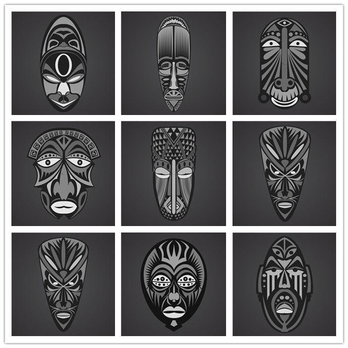 a2408矢量非洲图腾面具人像木雕纹样图案海报模板 ai设计素材