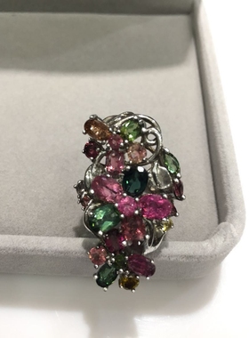 活扣碧玺纯银镀金镶嵌花朵戒指