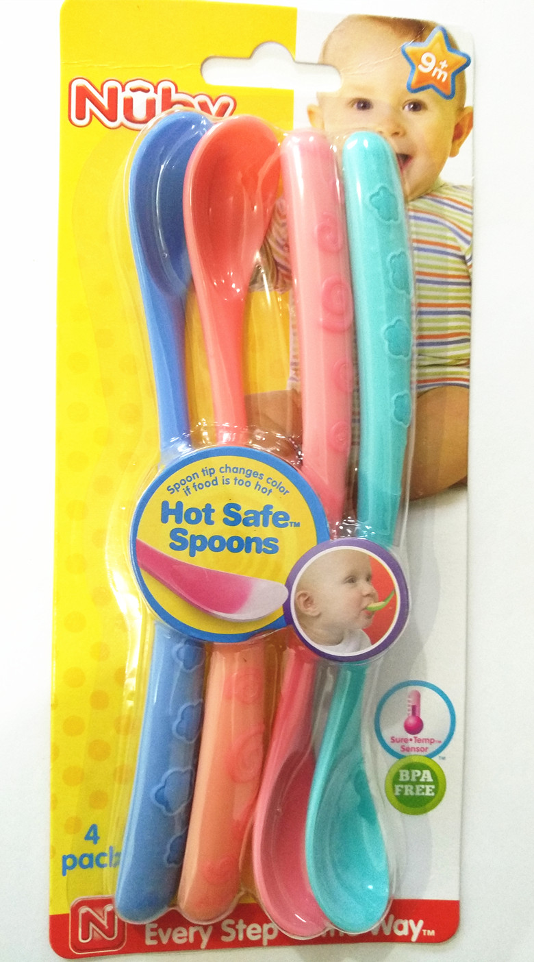 现货NUBY 宝宝喂食感温勺/匙长柄感温变色安全勺子 拆单1只卖