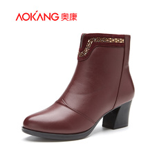 Aokang shoes autumn 2015 new leather simple round sequins simple high heels short boots warm winter boots women