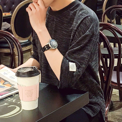 夏季韩版男五分袖中袖t恤蝙蝠衫七分袖短袖半袖体恤宽松大码上衣