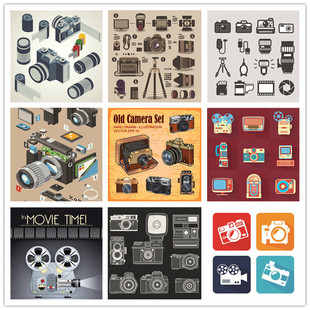 矢量设计素材 76张照相机摄影机电影图案扁平化手绘图标复古EPS
