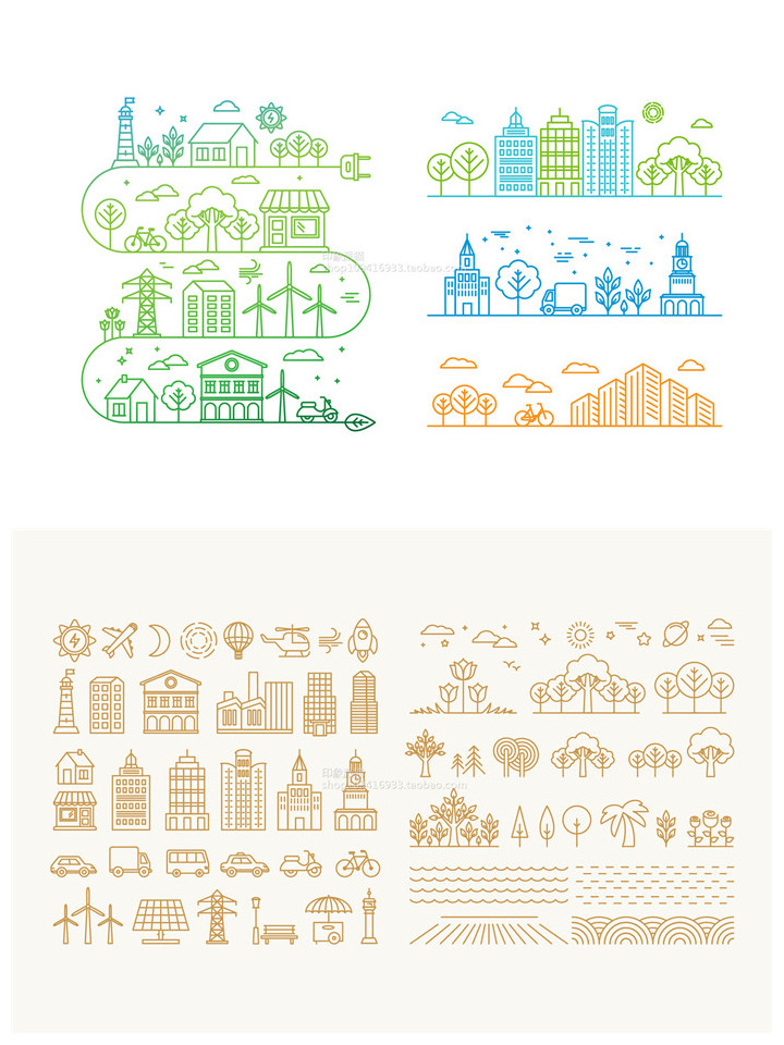 矢量设计素材 扁平化城市ICONS图标轮廓彩色简约建筑 EPS格式