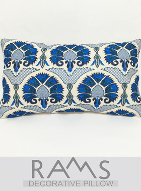 新古典样板房沙发床靠垫抱枕 欧式全棉蓝色树形刺绣花靠包腰枕