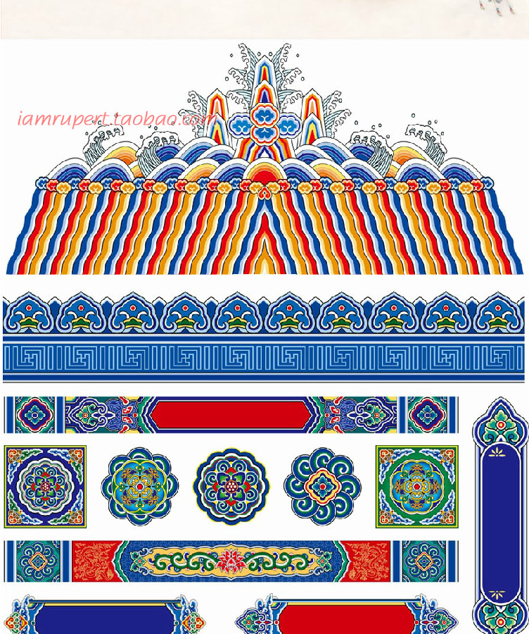 古典宫廷彩绘装饰花纹图案传统建筑横梁设计室内壁画矢量素材A821图片