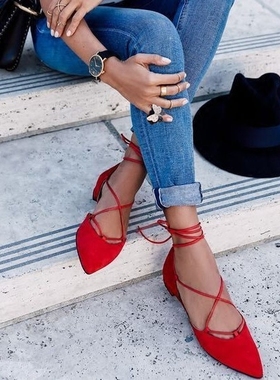 silla rulers 女鞋 单鞋 低帮鞋尖头 大红色平跟 真皮 时尚百搭款