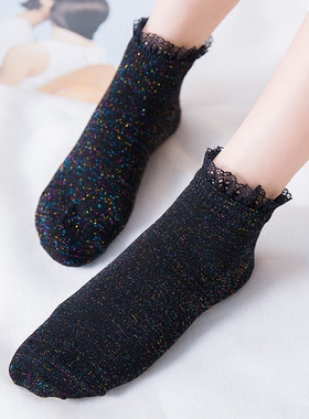袜子女低腰浅口短袜韩国可爱银丝亮丝银葱日系薄黑色蕾丝花边船袜