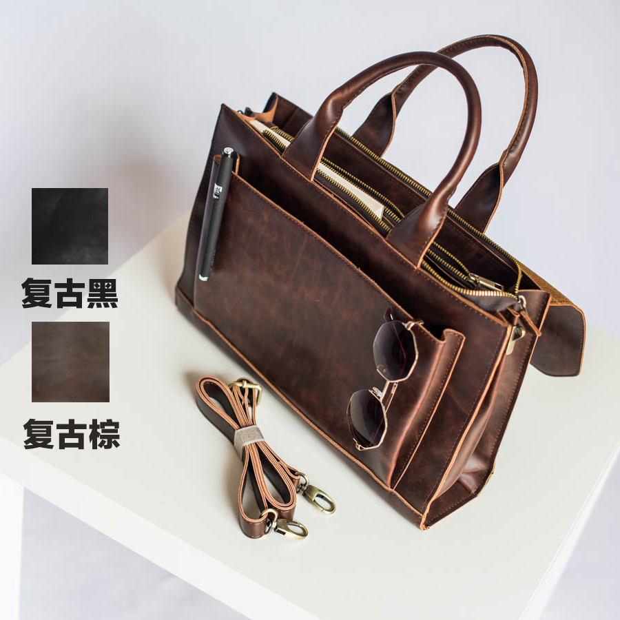 中性男女包学院风复古百搭疯马pu皮两用手提袋单肩公文包斜挎