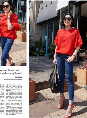 k454好品质新韩国荷叶袖宽松落肩亚麻套头夏女衬衫上衣凉爽