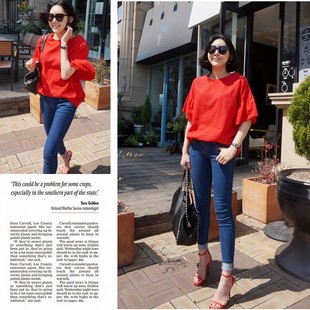 k454好品质新韩国荷叶袖 上衣凉爽 宽松落肩亚麻套头夏女衬衫