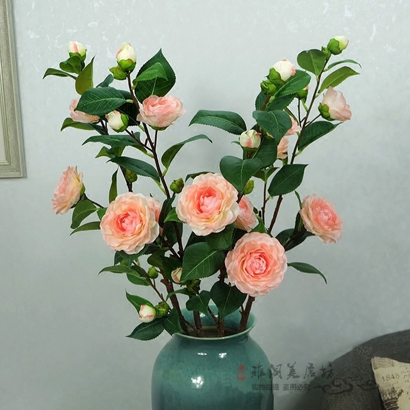 创意高仿真山茶花玫瑰假花落地室客厅装饰假树枝插花植物花艺促销
