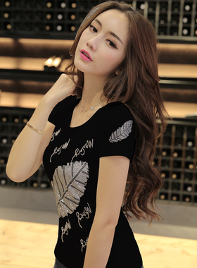 夏季女装黑白色烫钻短袖t恤女半袖新款 欧货圆领修身显瘦纯棉体恤