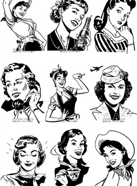 A3270矢量欧美复古波普女士人物插画黑白 AI设计素材