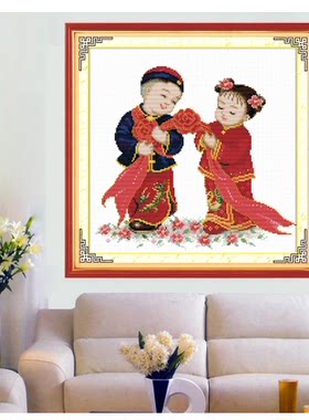 印花十字绣线绣自己鸳鸯金童玉女